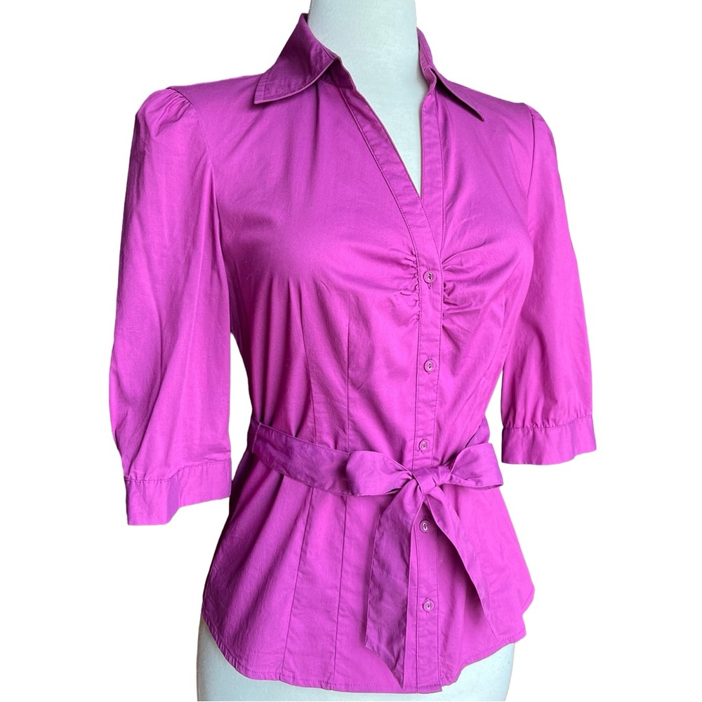 Smart Set Fuchsia Ruched Blouse Tie Waist | Size M | Stretch Cotton